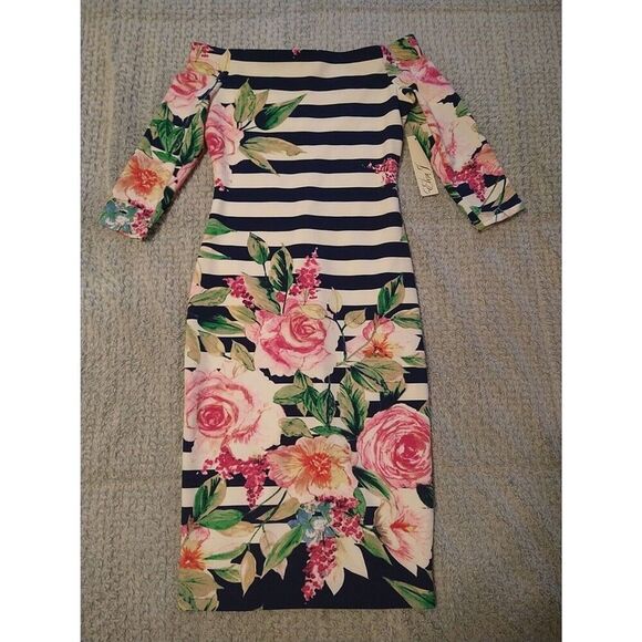 Eliza J Off The Shoulder Floral Striped dress feminine Boho Preppy Cottage Core - Picture 2 of 9
